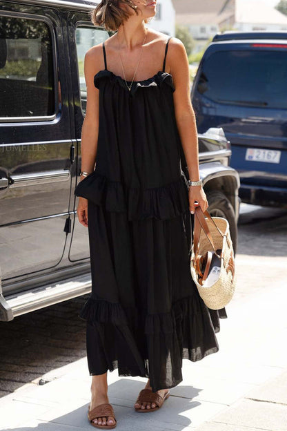 Sexy Solid Color Ruffle Flounce U Neck Sling Dresses