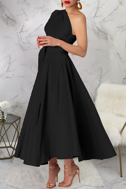 Casual Solid Color Slit Oblique Collar Long Dresses
