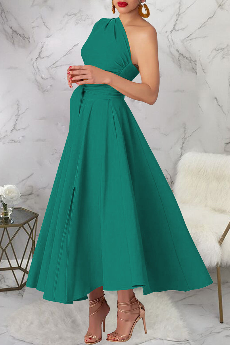 Casual Solid Color Slit Oblique Collar Long Dresses