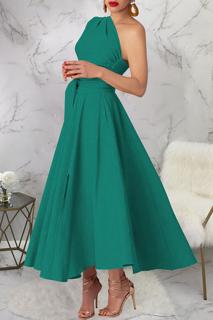 Casual Solid Color Slit Oblique Collar Long Dresses