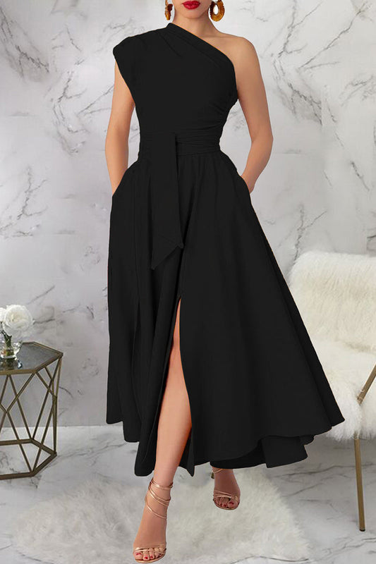 Casual Solid Color Slit Oblique Collar Long Dresses