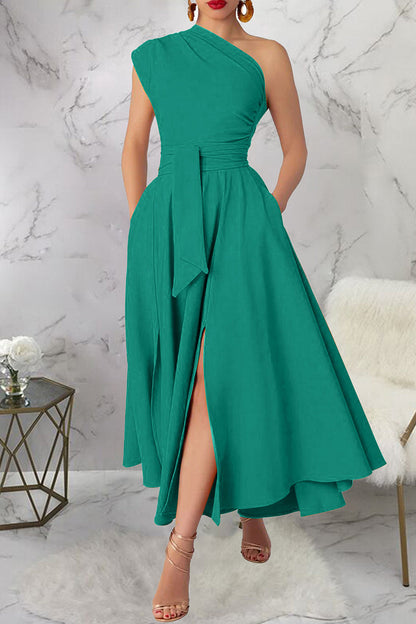 Casual Solid Color Slit Oblique Collar Long Dresses