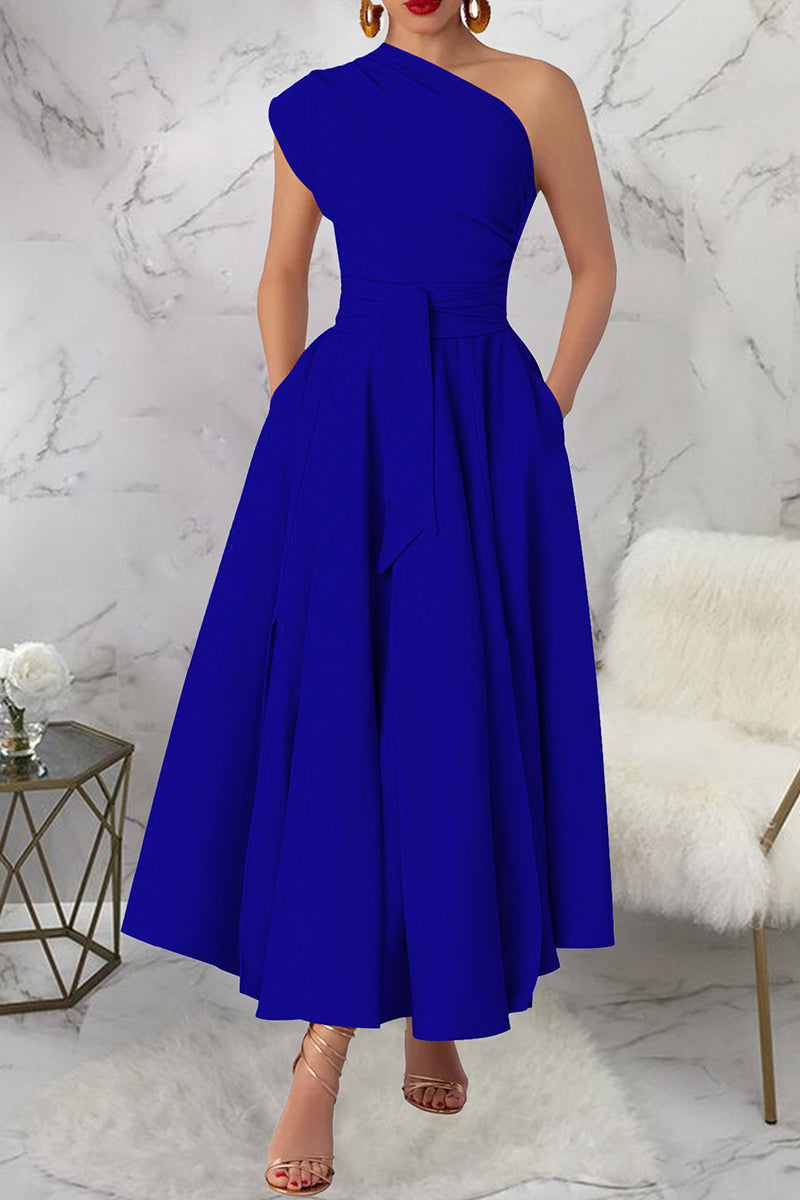 Casual Solid Color Slit Oblique Collar Long Dresses