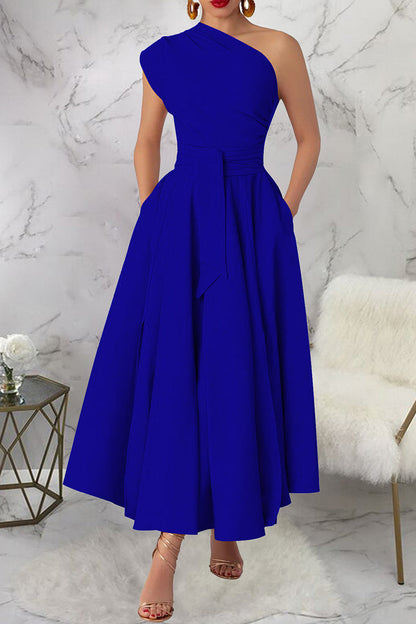Casual Solid Color Slit Oblique Collar Long Dresses