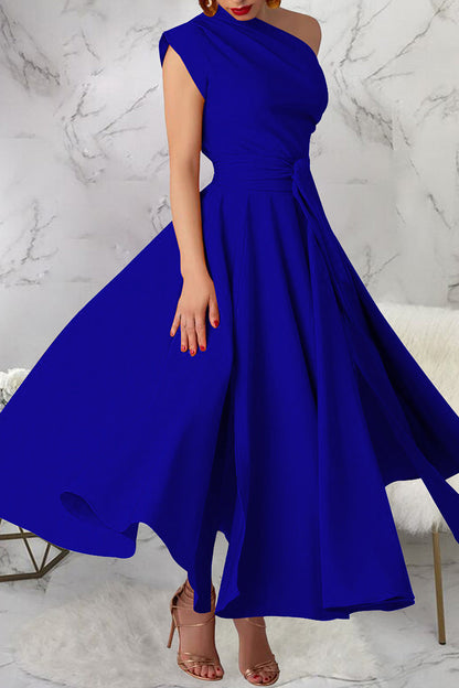 Casual Solid Color Slit Oblique Collar Long Dresses