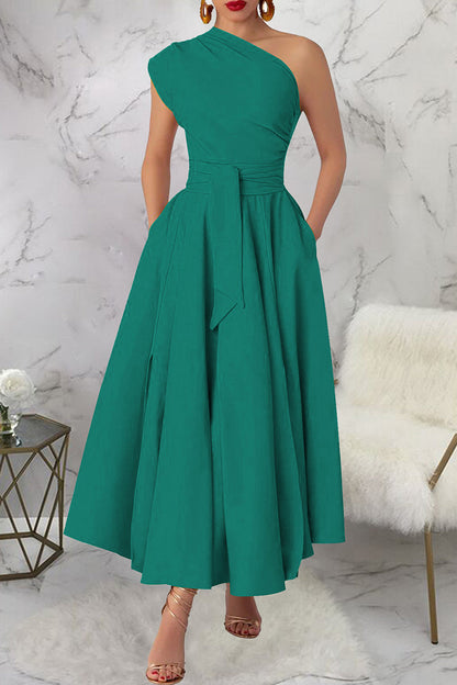 Casual Solid Color Slit Oblique Collar Long Dresses