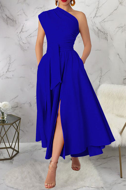 Casual Solid Color Slit Oblique Collar Long Dresses