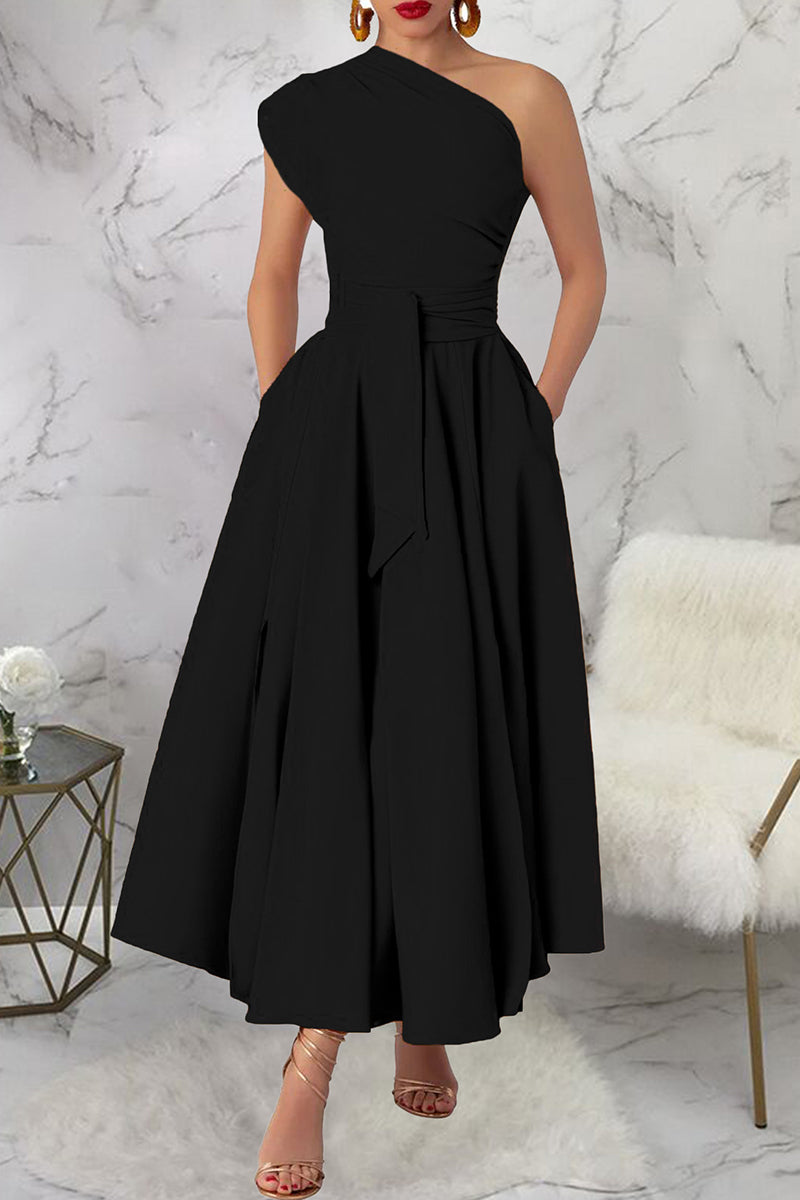 Casual Solid Color Slit Oblique Collar Long Dresses