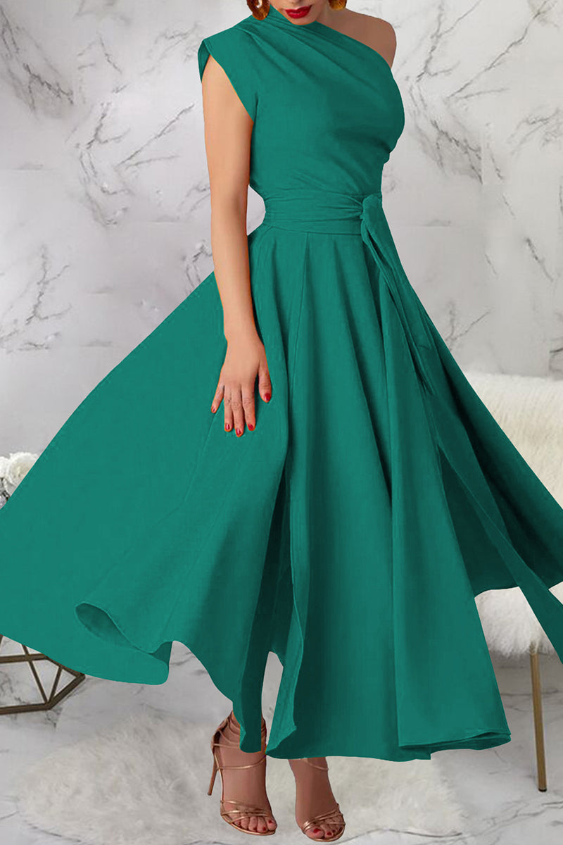 Casual Solid Color Slit Oblique Collar Long Dresses