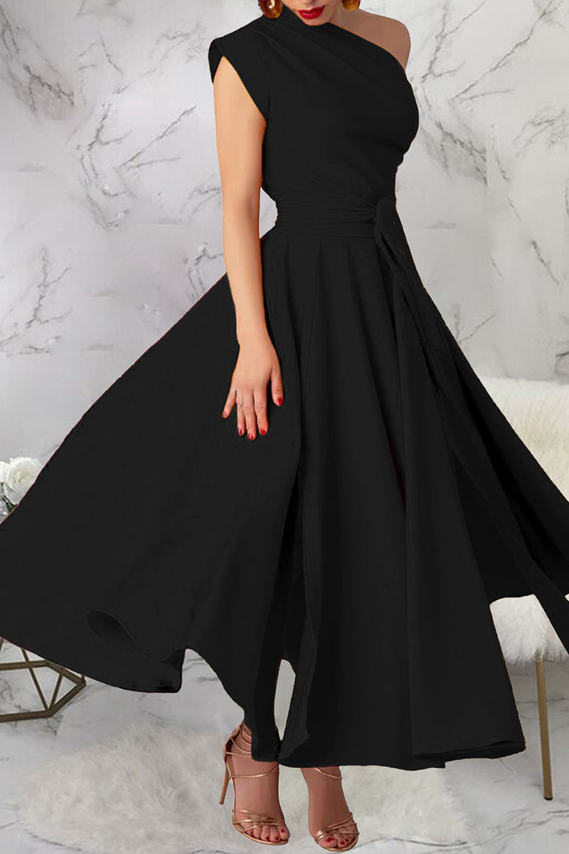 Casual Solid Color Slit Oblique Collar Long Dresses