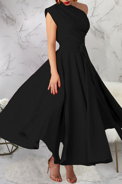 Casual Solid Color Slit Oblique Collar Long Dresses