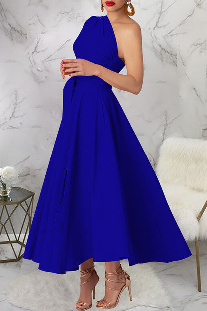 Casual Solid Color Slit Oblique Collar Long Dresses