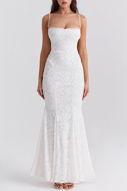 Robe sexy dos nu à bretelles et col carré en queue de poisson