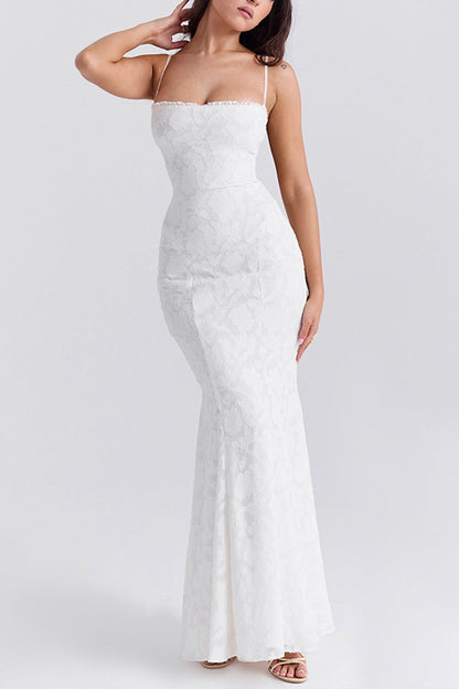 Robe sexy dos nu à bretelles et col carré en queue de poisson