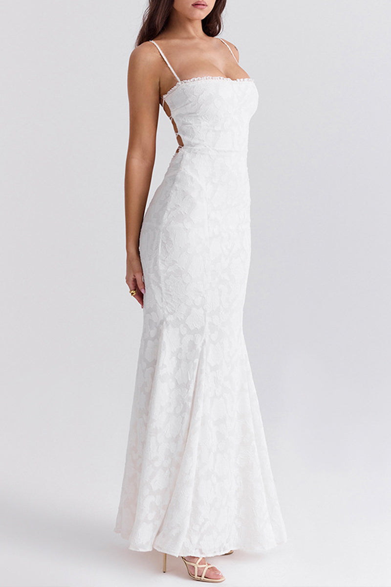 Robe sexy dos nu à bretelles et col carré en queue de poisson