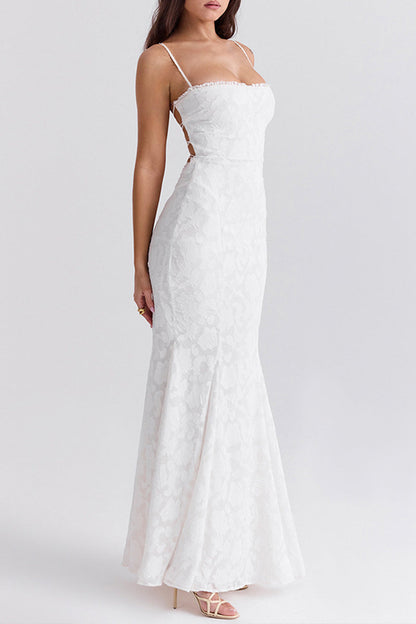 Robe sexy dos nu à bretelles et col carré en queue de poisson