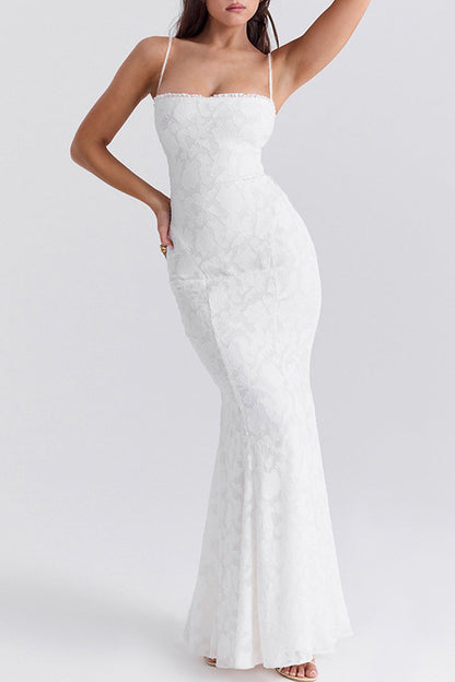 Robe sexy dos nu à bretelles et col carré en queue de poisson