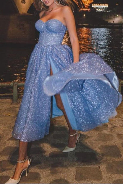 Sexy Solid Color Slit Sequined Strapless Evening Dresses