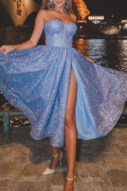 Sexy Solid Color Slit Sequined Strapless Evening Dresses