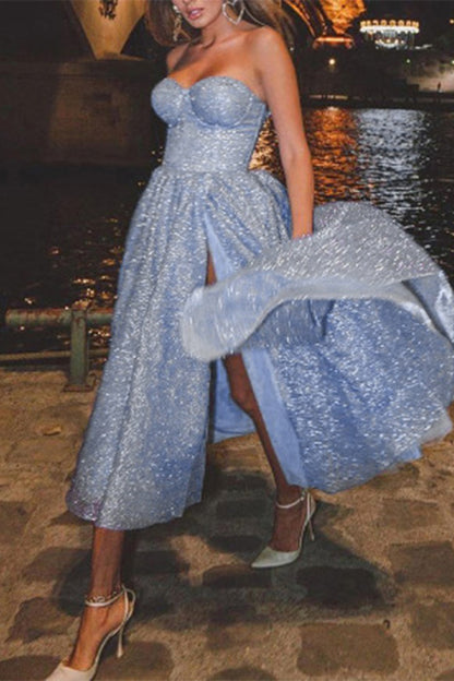 Sexy Solid Color Slit Sequined Strapless Evening Dresses