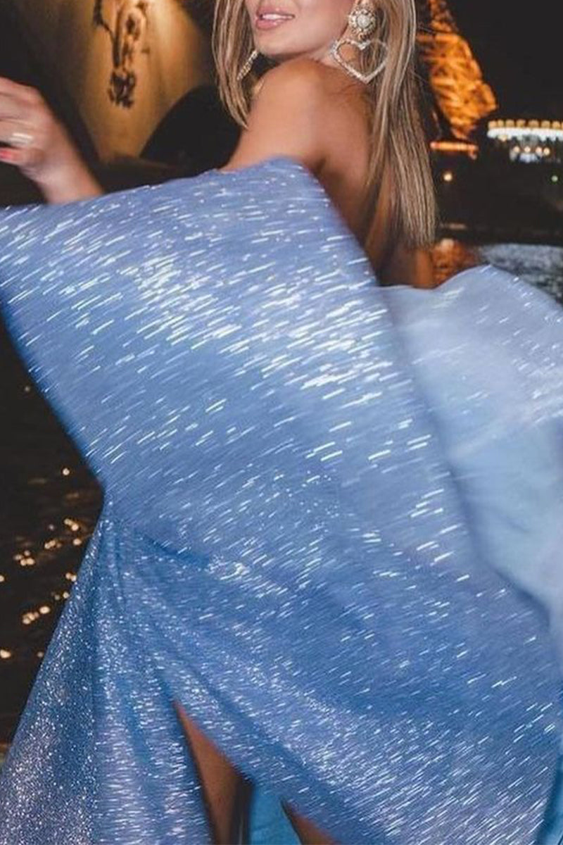 Sexy Solid Color Slit Sequined Strapless Evening Dresses
