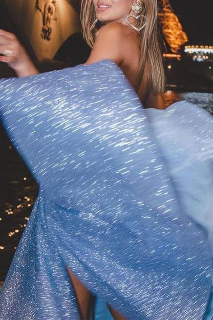 Sexy Solid Color Slit Sequined Strapless Evening Dresses