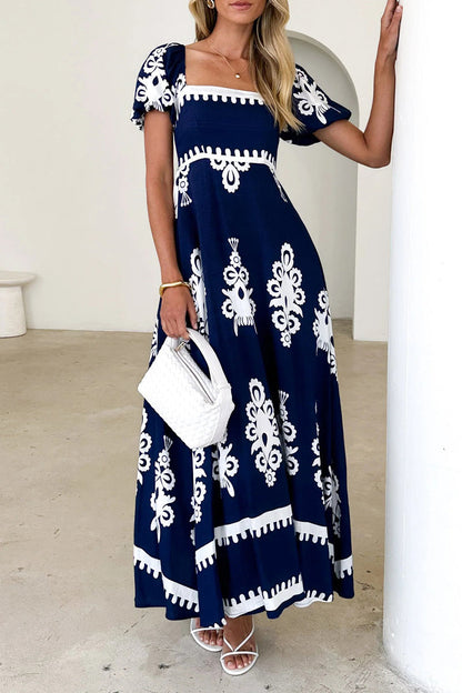 Casual Geometric Print Pocket Contrast Square Neck A Line Short Sleeve Dress