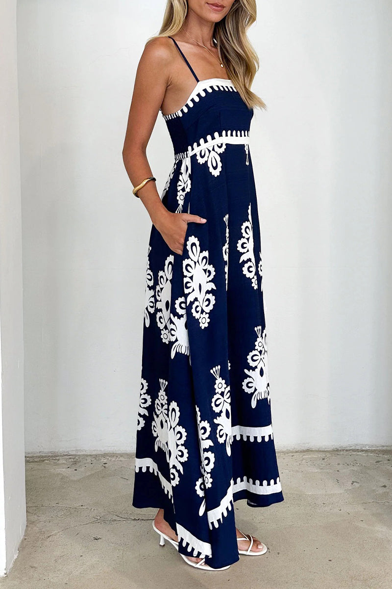 Vacation Geometric Print Pocket Contrast Square Neck Sling Dresses