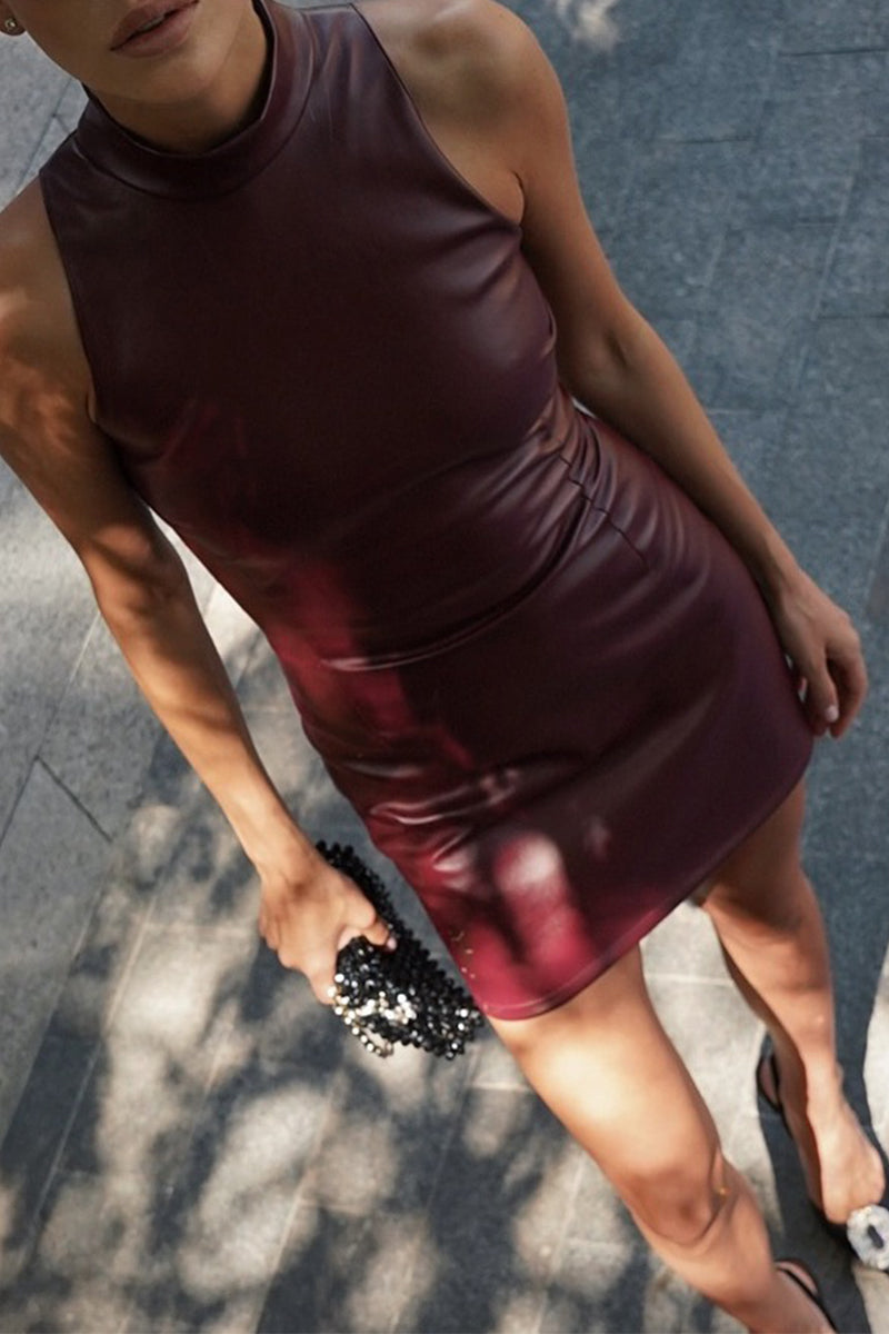 Robe sexy à col roulé et jupe portefeuille zippée de couleur unie