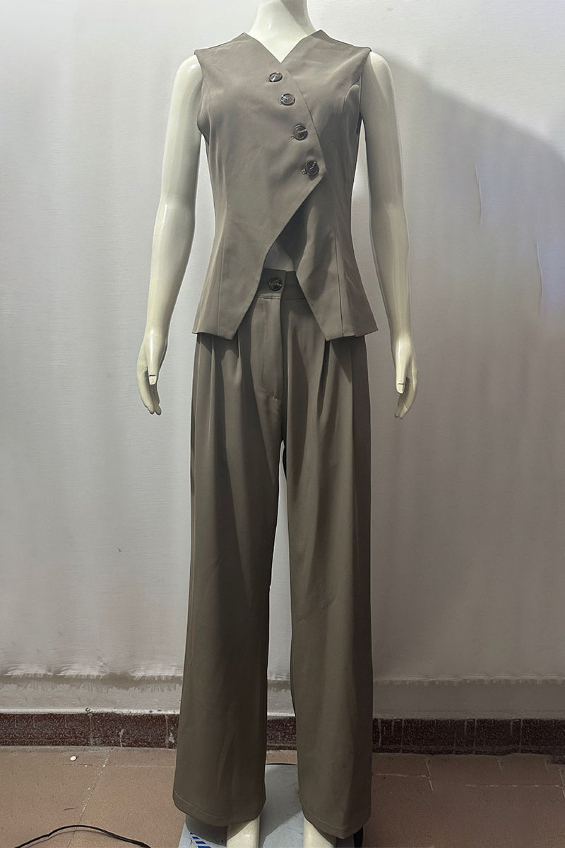 Ensemble décontracté à boutons et col en V sans manches en deux pièces