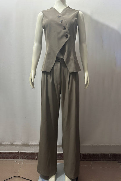 Ensemble décontracté à boutons et col en V sans manches en deux pièces