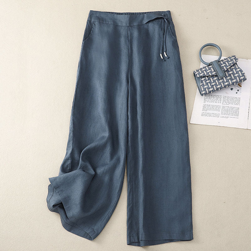 Elastic waist cotton linen cropped pants