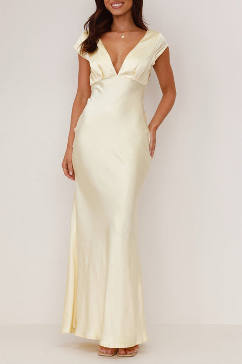 Robe longue sexy dos nu col en V (3 couleurs)