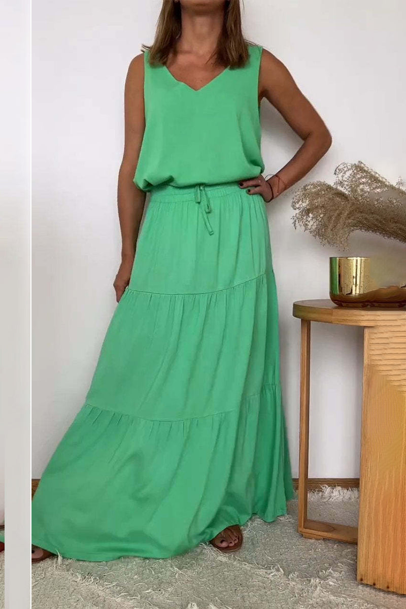 Lässiger, einfarbiger, geschnürter Volant mit V-Ausschnitt und ärmellosem Zweiteiler