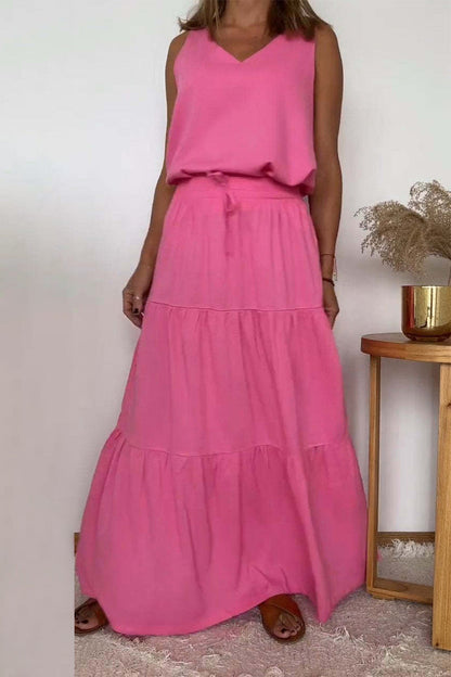 Lässiger, einfarbiger, geschnürter Volant mit V-Ausschnitt und ärmellosem Zweiteiler