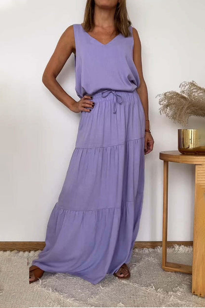 Lässiger, einfarbiger, geschnürter Volant mit V-Ausschnitt und ärmellosem Zweiteiler