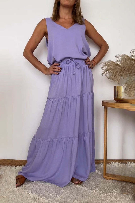 Casual Solid Color Lace Up Flounce V Neck Sleeveless Two Pieces