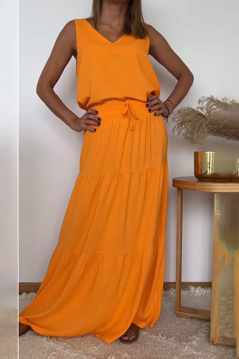 Lässiger, einfarbiger, geschnürter Volant mit V-Ausschnitt und ärmellosem Zweiteiler