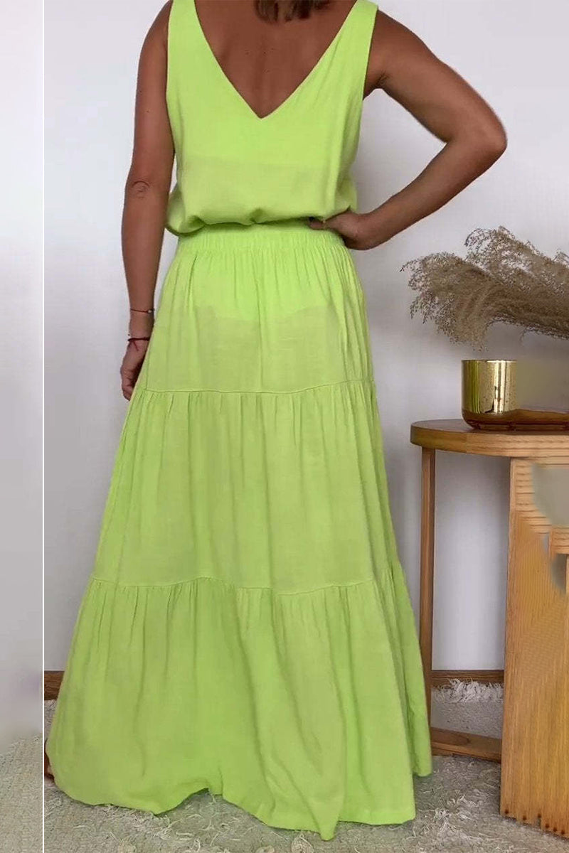 Lässiger, einfarbiger, geschnürter Volant mit V-Ausschnitt und ärmellosem Zweiteiler