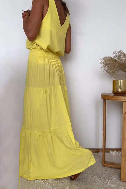 Lässiger, einfarbiger, geschnürter Volant mit V-Ausschnitt und ärmellosem Zweiteiler