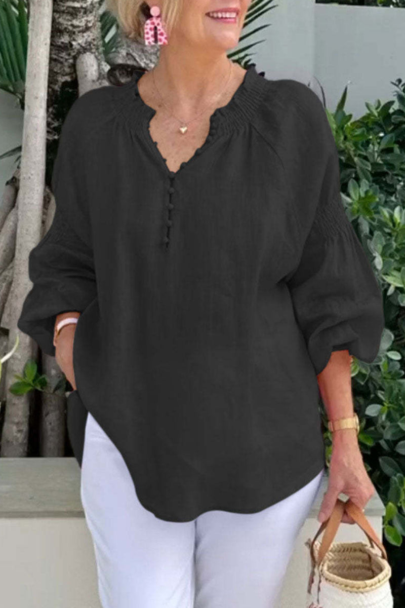 Casual Solid Color Buttons V Neck Tops