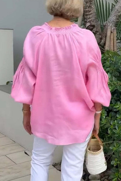 Casual Solid Color Buttons V Neck Tops