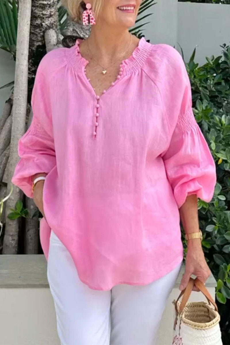 Casual Solid Color Buttons V Neck Tops