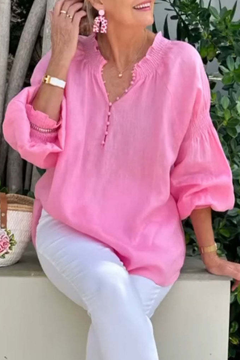 Casual Solid Color Buttons V Neck Tops