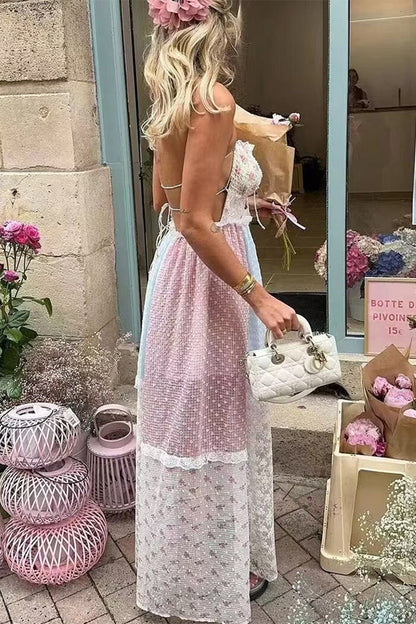 Robe longue élégante à imprimé floral en dentelle avec cordon de serrage et dos nu contrasté