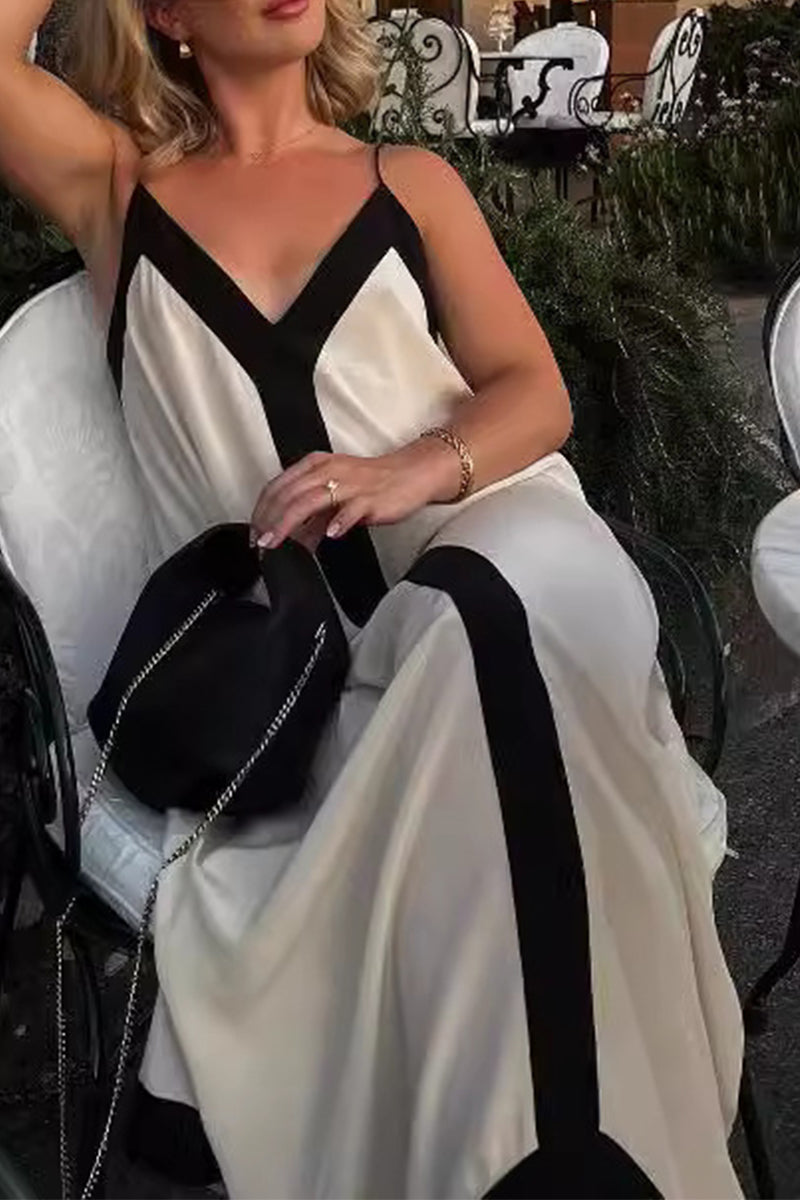 Robe décontractée à rayures et patchwork contrastés à col en V