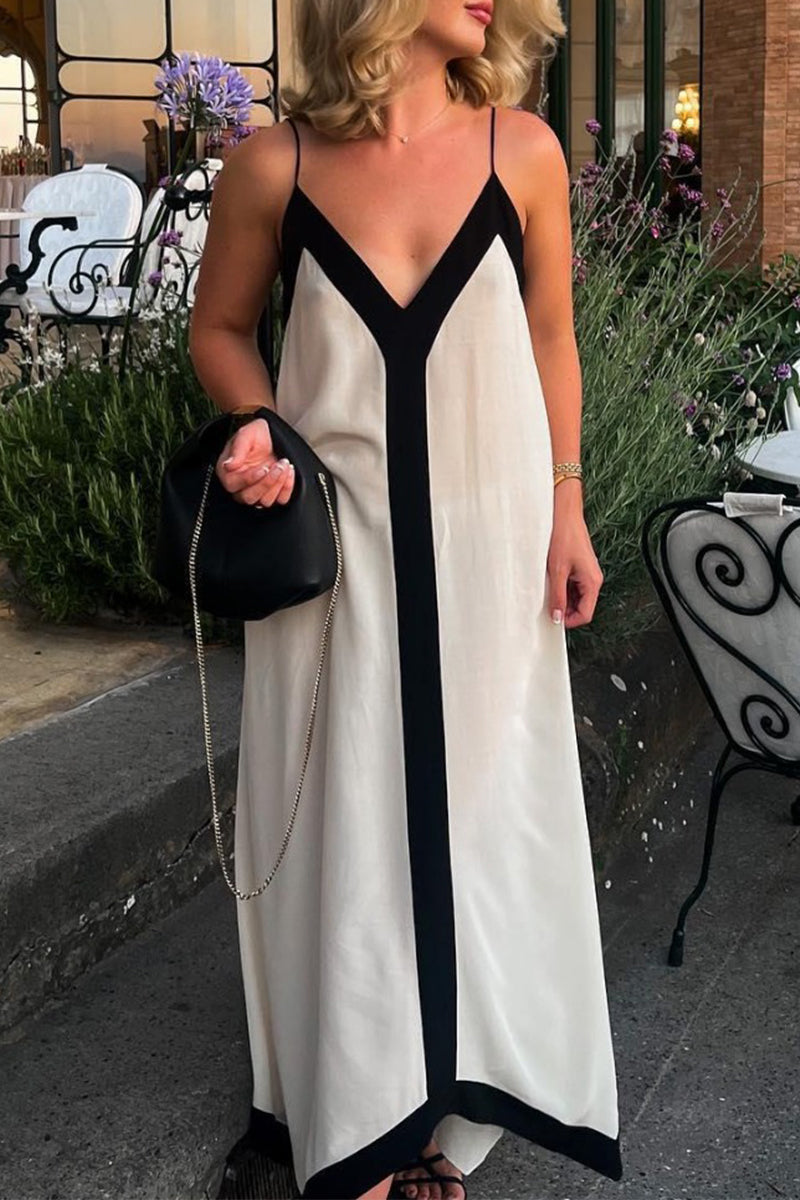 Robe décontractée à rayures et patchwork contrastés à col en V