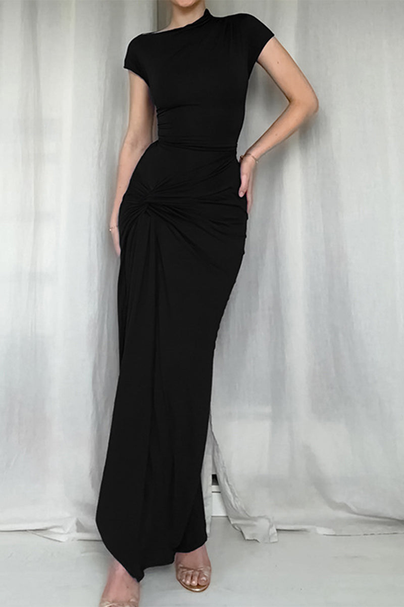 Robe sexy à manches longues et courtes avec fente et col rond