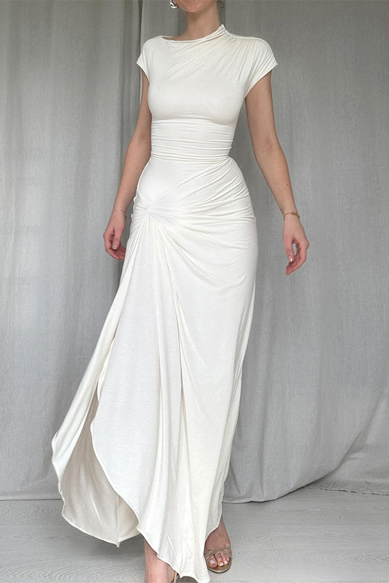 Robe sexy à manches longues et courtes avec fente et col rond