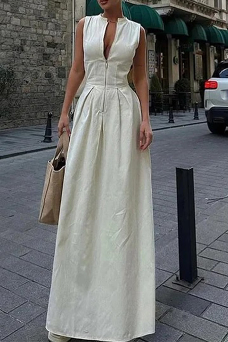 Robe longue décontractée à col rond avec poches et fermeture éclair de couleur unie